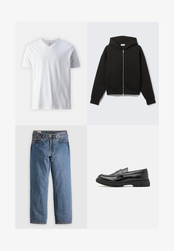 Sudadera negra con cremallera, capucha unida y bolsillos delanteros tipo canguro, extendida sobre un fondo claro.; Camiseta blanca de algodón de manga corta y cuello en V. Presenta un diseño liso con una textura suave y un ajuste relajado.; Jeans de mezclilla azul con un corte recto, que cuentan con una cintura alta, remaches de cobre y costuras naranjas. Incluyen bolsillos delanteros y traseros.; Mocasin de cuero negro con una cinta ancha en el empeine, suela de goma con tacos gruesos y textura suave. Diseño clásico y elegante.