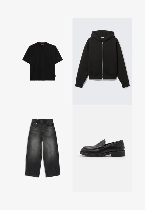 Schwarzer Zip-Hoodie mit angenähter Kapuze und vorderen Kängurutaschen, flach auf hellem Hintergrund liegend.; Schwarzes kurzärmliges T-Shirt aus Baumwolle mit Rundhalsausschnitt und einem kleinen Etikett an der Seite. Glatte Textur und gerader Schnitt.; Schwarz gewaschene Jeans mit weitem Bein, vorne und hinten Taschen, Gürtelschlaufen und einem Knopfverschluss in der Taille.; Schwarze Lederloafer mit abgerundetem Zeh, farblich abgestimmtem Nähen und einem Riemendetail an der Vorderseite. Gummi-Sohle mit niedrigem Absatz.