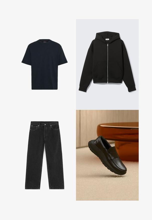 Sort lynlås-hoodie med fastgjort hætte og forreste kængurulommer, lagt fladt på en lys baggrund.; Marineblå bomulds T-shirt med rund hals, korte ærmer og en afslappet pasform. Glat tekstur uden synlige mønstre eller accenter.; Sorte jeans med lige ben, for- og baglommer, bæltestropper og en knaplukning i taljen.; Sort læderloafer med tyk sål, vist over beige tæppe og nær en rund bordfod i ravfarve.