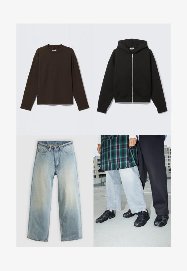 Zwarte hoodie met rits, vastgenaadde kap en voorzakken in kangoeroestijl, plat uitgespreid op een lichte achtergrond.; Donkerbruine longsleeve met ronde hals en rechte zoom, plat gelegd op een lichtgrijze achtergrond.; Lichtblauwe, wijde spijkerbroek met een verwaaide afwerking. Voorzien van een standaard ontwerp met vijf zakken en een metalen knoopsluiting.; Zwarte sportieve schoenen met mesh- en rubberaccenten. Draagt een lichtgrijze wijde spijkerbroek en een groen geruit shirt. Effen achtergrond.