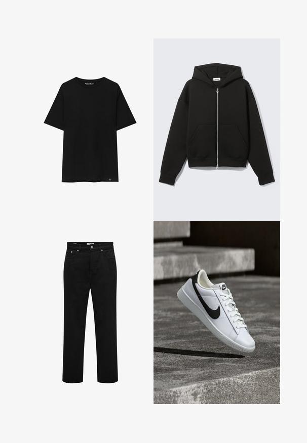 Sweat à capuche zippé noir avec capuche fixée et poches kangourou devant, posé à plat sur un fond clair.; T-shirt noir à manches courtes en coton, avec un col ras du cou et une petite étiquette de marque en bas à gauche.; Jeans noirs à jambes droites avec poches avant, passants pour ceinture, fermeture par bouton et détails de coutures visibles.; Baskets Nike en cuir blanc avec le logo noir, lacets noués, flottant au-dessus de marches en béton gris texturé.