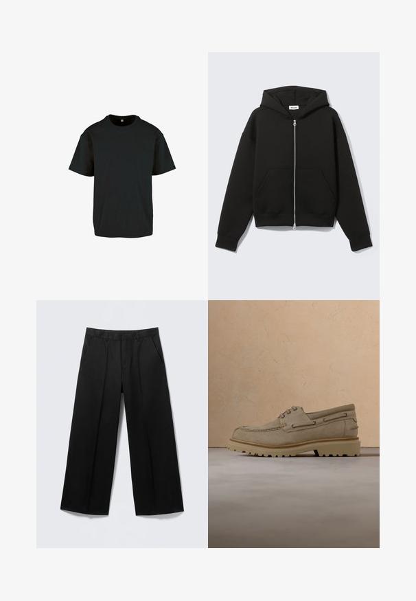 Sort lynlås-hoodie med fastgjort hætte og forreste kængurulommer, lagt fladt på en lys baggrund.; Sort bomulds T-shirt med rund hals og korte ærmer; har en afslappet pasform og en glat, struktureret overflade.; Sorte vidde-bukser med bæltestropper, forlommer og lynlås foran, vist på en lysegrå baggrund.; Beige ruskind casual snørestøvle med tyk, rillet sål, vist i luften over matchende beige struktureret overflade og baggrund.