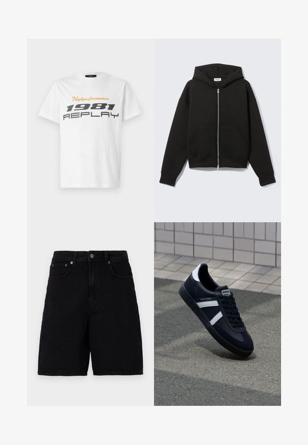 Sort lynlås-hoodie med fastgjort hætte og forreste kængurulommer, lagt fladt på en lys baggrund.; Replay SHORT SLEEVE GRAPHIC - T-shirts print - natural white; Sorte denim shorts med klassisk fem-lomme design, der har en knappelukning og lige ben. Stoffet har en glat tekstur.; Sort lædersneaker med hvide striber, tekstureret gummisål og snørrebånd foran. Har et brandet mærke på tungen.