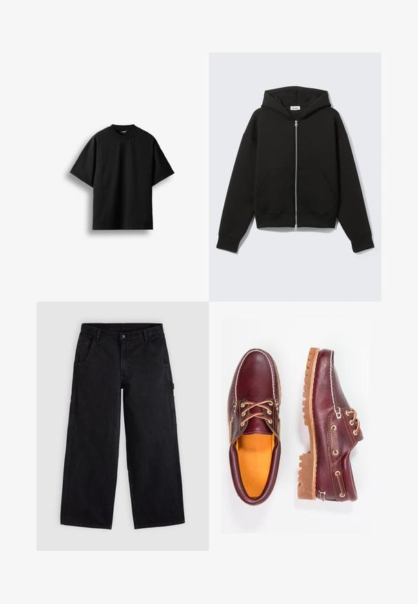 Sort lynlås-hoodie med fastgjort hætte og forreste kængurulommer, lagt fladt på en lys baggrund.; Sort T-shirt med korte ærmer og rund hals, lagt fladt mod en hvid baggrund med en synlig lille nakkemærke.; Sorte bredbenede arbejdstøj bukser med bæltestropper, forlommer og knaplukning, vist på en ensfarvet lys baggrund.; Bordeaux lædersko med brune gummisåler, rund tå, hvid syning og gyldne snøringer. Indersiden har et gult for.