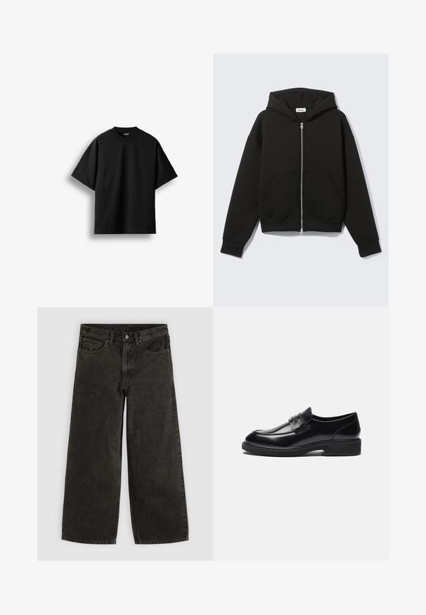 Sort lynlås-hoodie med fastgjort hætte og forreste kængurulommer, lagt fladt på en lys baggrund.; Sort T-shirt med korte ærmer og rund hals, lagt fladt mod en hvid baggrund med en synlig lille nakkemærke.; Sorte vidde jeans med frontknap og lynlås, bæltestropper og fem lommer, lagt fladt på en hvid baggrund.; Zign by Zalando LEATHER - Business loafers - black