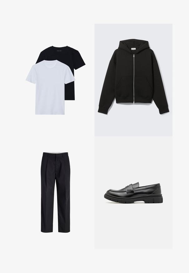 Sort lynlås-hoodie med fastgjort hætte og forreste kængurulommer, lagt fladt på en lys baggrund.; To kortærmede t-shirts med rund hals, en sort og en hvid, lavet af blødt bomuldsstof med ribbet struktur. Klassisk pasform design.; Sorte bukser med lige ben med taljebånd, bæltestropper, frontlynlås og sidelommer vist på en hvid baggrund.; Sort læder loafersko med en bred rem over forfoden, gummisål med tykke mønstre og glat overflade. Klassisk, slankt design.
