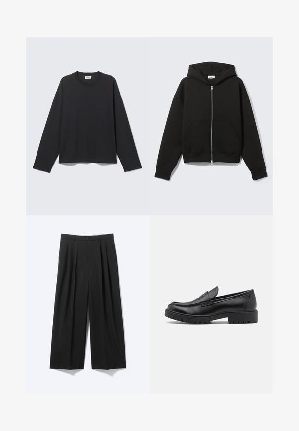 Zwarte hoodie met rits, vastgenaadde kap en voorzakken in kangoeroestijl, plat uitgespreid op een lichte achtergrond.; Zwart shirt met lange mouwen en ronde hals, eenvoudige, losse pasvorm, plat gelegen op een lichtgrijze achtergrond.; Zwarte wijde broek met voorplooien, riemlussen en knoopsluiting, weergegeven op een effen lichte achtergrond.; Zwarte leren instappers met een ronde neus, slip-on ontwerp en dikke rubberen zool met een gestructureerde grip. Verhoogde hak en subtiele stikdetails.