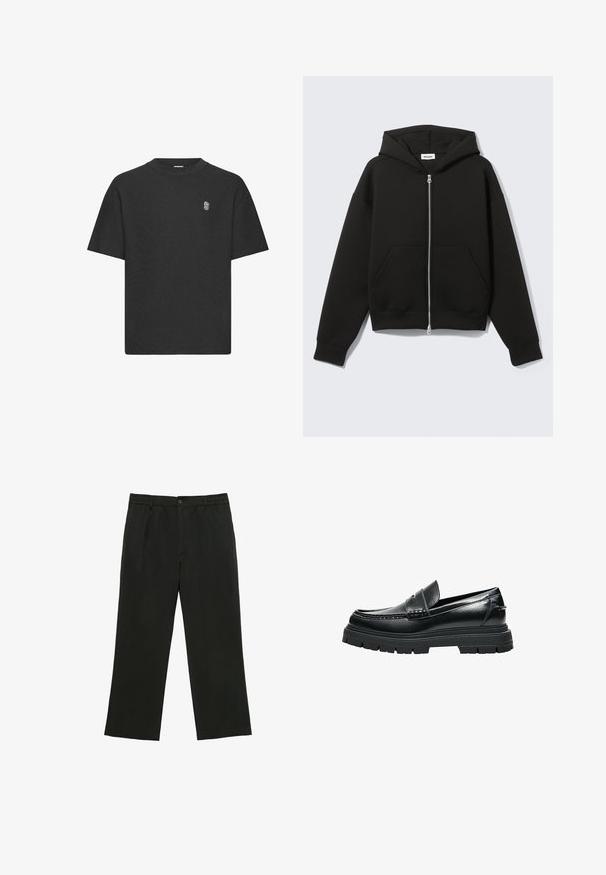 Sort lynlås-hoodie med fastgjort hætte og forreste kængurulommer, lagt fladt på en lys baggrund.; Sort kortærmet t-shirt i et tekstureret stof, med rund hals og et diskret broderet logo på brystet.; Sorte bukser med lige ben, bæltestropper, forreste knap og lynlås, lagt fladt på en hvid baggrund.; Sort læder-loafer med tyk rillede sål og penny remdetaljer, vist fra siden på hvid baggrund.