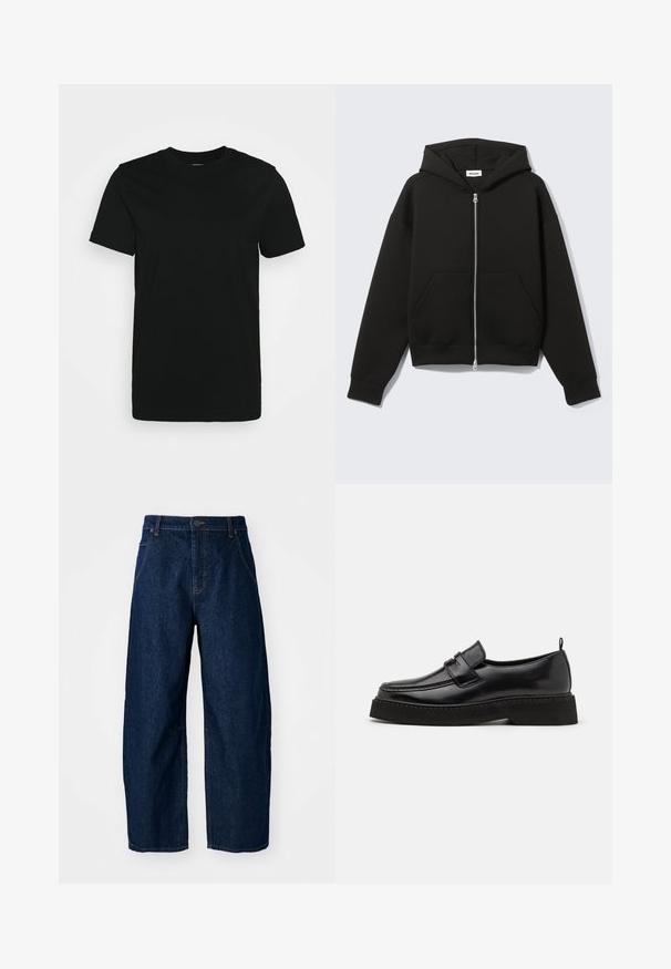 Sweat à capuche zippé noir avec capuche fixée et poches kangourou devant, posé à plat sur un fond clair.; T-shirt noir à manches courtes en coton lisse, avec un col ras du cou et un design simple sans motifs ni accents.; Jean en denim foncé à jambes larges et taille haute, avec cinq poches, fermeture à l'avant par bouton et détails de couture visibles.; Chaussures en cuir noir de style mocassin avec une semelle plate et texturée, présentant un bout piqué et une sangle traversant le cou-de-pied.