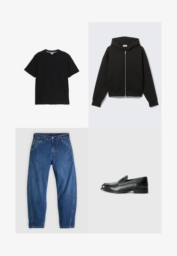 Sweat à capuche zippé noir avec capuche fixée et poches kangourou devant, posé à plat sur un fond clair.; T-shirt noir à manches courtes et col rond, avec un petit logo brodé sur le côté gauche de la poitrine et une étiquette intérieure rayée au niveau du col.; Jean en denim bleu à coupe décontractée, doté d'une fermeture à boutons, de cinq poches et de surpiqûres orange contrastantes. Texture lisse sur toute la surface.; Mocassins en cuir noir avec une finition lisse, des détails cousus sur le devant et un talon légèrement surélevé.