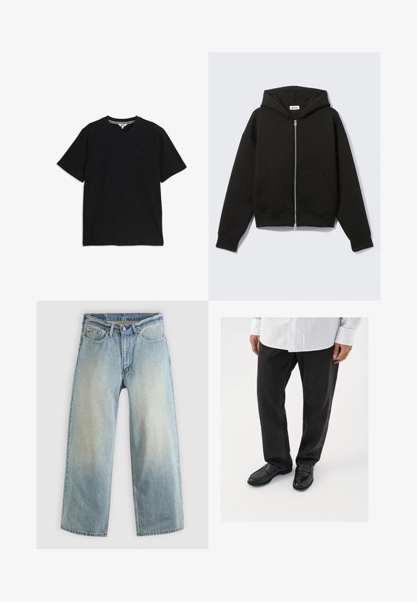 Sweat à capuche zippé noir avec capuche fixée et poches kangourou devant, posé à plat sur un fond clair.; T-shirt noir à manches courtes et col rond, avec un petit logo brodé sur le côté gauche de la poitrine et une étiquette intérieure rayée au niveau du col.; Jean denim bleu clair à jambes larges avec une finition délavée. Comprend un design standard à cinq poches et une fermeture à bouton métallique.; Pantalons en denim noir associés à des mocassins noirs brillants. La chemise est blanche avec de fines rayures verticales, avec des manches longues et un col boutonné.
