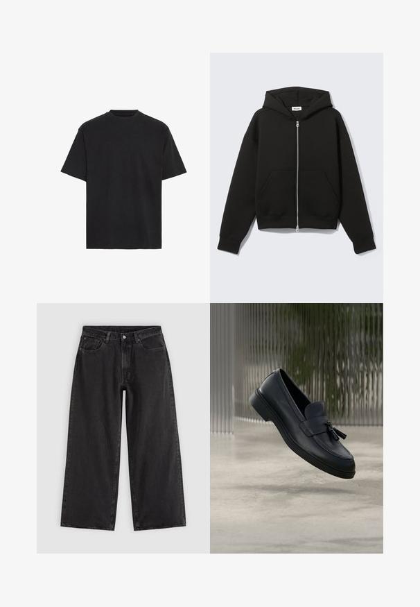 Sort lynlås-hoodie med fastgjort hætte og forreste kængurulommer, lagt fladt på en lys baggrund.; Sort bomulds T-shirt, korte ærmer, rund hals, letvægts, løs pasform, glat tekstur, ingen synlige mønstre eller accenter.; Sorte denim jeans med vide ben, forlommer, bæltestropper og knaplukning, vist på en ensfarvet lys baggrund.; Sorte læderloafers med en glat tekstur, en rundet tå og dekorative kvaster foran. Fleksibel gummisål med lav hæl.