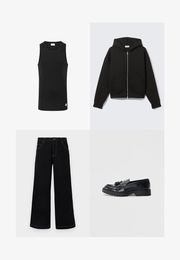 Zwarte hoodie met rits, vastgenaadde kap en voorzakken in kangoeroestijl, plat uitgespreid op een lichte achtergrond.; Zwarte mouwloze tanktop van ribstof, met een ronde halslijn en een klein logolabel aan de zoom. Eenvoudig, getailleerd ontwerp.; Zwarte wijde spijkerbroek met knoopsluiting, vijf zakken en contrasterende witte stiksels langs de naden.; Zwarte leren loafers met een glanzende afwerking, een dikke rubberen zool en een decoratieve kwastdetail aan de voorkant.