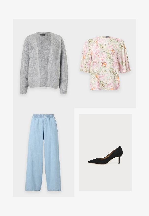 Vero Moda VMNOVAH - Neuletakki - medium grey; Kukkakuosinen paita, jossa on leveät kolmivartiset hihat ja väljälahkeinen malli. Paita on valkoisella pohjalla ja siinä on pehmeät vaaleanpunaiset, vihreät ja oranssit kukkakuviot.; Vaaleansiniset, leveälahkeiset farkut, joissa on joustava vyötärö. Silkkinen pinta ilman näkyviä kuvioita tai koristeita.; Musta mokkasiiniteräinen kärki, keskikorkea piikkikorko ja vaaleanruskea sisäpohja vaalealla taustalla.