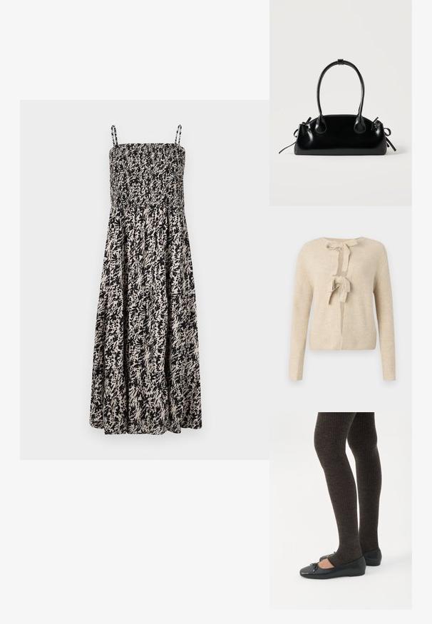 Beige neulecardigan, jossa on pitkät hihat, pyöreä pääntie ja nauhakiristys edessä. Ominaisuuksiin kuuluu ribbikuvio ja löysä istuvuus.; Mustapohjainen ja beige kesämekko, jossa on smokkibodice ja säädettävät spagettihihnat. Mekko on leikattu viistosti ja siinä on kukkakuosisia koristeita.; Jalat, joissa tummat ribbineuleiset leggingsit yhdistettynä mustiin balettitossuihin, joissa on pienet rusettikoristeet valkoisella taustalla.; Pieni musta kiiltävä käsilaukku, jossa on kaksi pitkää kantokahvaa ja sivulla nyöritys yksityiskohtia yksinkertaisella vaalealla taustalla.