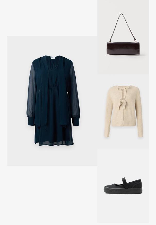 Beige neulecardigan, jossa on pitkät hihat, pyöreä pääntie ja nauhakiristys edessä. Ominaisuuksiin kuuluu ribbikuvio ja löysä istuvuus.; Navy blue pitkähihaine mekko, jossa on läpinäkyvät hihat, V-pääntie, vyötäröltä kiristetty muotoilu ja etuosassa kiinnitetty pitkä huivitietoa.; Musta Mary Jane -kenkä, jossa paksu kumipohja ja säädettävä tarranauhakiinnitys, suunniteltu rentoon käyttöön pyöreällä kärjellä.; Suorakulmainen musta nahkainen käsilaukku, jossa on yksi pitkä hihna ja kiiltävä viimeistely, esitettyä yksinkertaista valkoista taustaa vasten.