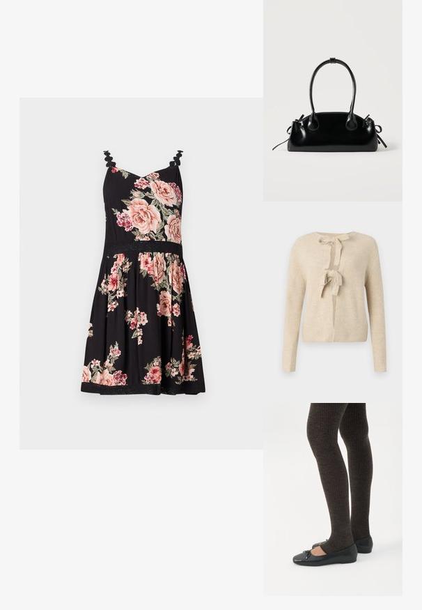 Beige gebreide cardigan met lange mouwen, een ronde halslijn en een striksluiting aan de voorkant. Kenmerkt zich door een geribbelde textuur en een losse pasvorm.; Bloemige sundress met zwarte achtergrond, roze en witte rozen, uitgerafelde schouderbandjes, strakke lijfje, flaired rok en kantafwerking aan de zoom.; Benen met donkere geribbelde leggings gecombineerd met zwarte ballerina's met kleine strikdetails op een witte achtergrond.; Kleine zwarte glanzende handtas met twee lange hengsels en zijkant trekkoord details op een effen lichte achtergrond.