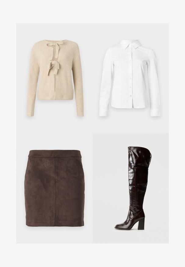 Beige strikcardigan med lange ærmer, rund halsudskæring og båndlukning foran. Har en ribbet tekstur og en løs pasform.; Hvid skjorte med lange ærmer, knapper, spids krave, lige kant og tætsiddende silhuet, vist på en ensartet lys baggrund.; Brun ruskind mini-nederdel med en glat tekstur, tætsiddende design og en flad talje, der har lodrette sømme for struktur.; Knæhøje, blanke bordeauxrøde læderstøvler med firkantet tå og blokhæl, der har et løstsiddende design og minimale syningsdetaljer.