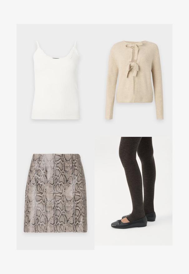 Cardigan en tricot beige avec des manches longues, un col ras du cou et une fermeture à nouer à l'avant. Présente une texture côtelée et une coupe ample.; Camisole blanche côtelée avec bretelles spaghetti réglables et bordure en dentelle au niveau de l'encolure. Tissu doux et texturé avec une coupe ajustée.; Une mini jupe ajustée avec un imprimé serpent en faux cuir brillant et texturé dans des nuances de beige et de noir, avec une finition lisse et sans fermetures visibles.; Jambes portant des leggings côtelés foncés associés à des ballerines noires avec de petits détails en nœud sur fond blanc.