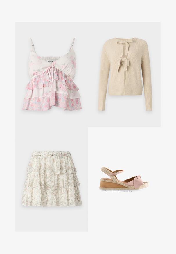 Beige strikcardigan med lange ærmer, rund halsudskæring og båndlukning foran. Har en ribbet tekstur og en løs pasform.; Blomster camisole-top med justerbare stropper, med lagdelte flæser i hvide, lyserøde og grønne nuancer; let, blødt bomuldsstof.; Hvid nederdel med et lagdelt, bølget design. Udstyret med et delikat blomster mønster i pink og grøn. Elastisk talje for komfort.; Kilesandal med lyserød ruskindsløkke foran, ankelrem med spænde, topremskant og hvid gummisål på en brun kilehæl.