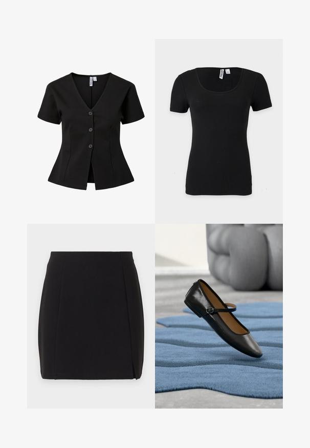 Top noir à manches courtes avec col en V et trois boutons sur le devant, coupe ajustée avec légère évasement à la taille.; Haut noir en maille côtelée à manches courtes avec encolure arrondie et silhouette ajustée, présenté sur un fond clair uni.; Jupe crayon noire longueur genou avec une fente avant subtile et une ceinture nette, présentée sur un fond clair uni.; Chaussure Mary Jane en cuir noir avec bride à boucle, posée sur un tapis bleu texturé, avec un canapé gris capitonné flou en arrière-plan.