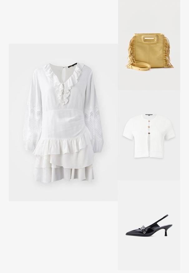 Cardigan blanc à manches courtes en maille côtelée avec trois boutons-pression dorés et motifs tricotés décoratifs sur les manches et l’ourlet.; Robe blanche avec un ourlet à volants, de longues manches bouffantes ornées d'accents brodés et un ourlet en couches. Fabriquée en tissu léger.; Chaussure à talon bas en cuir verni noir avec bride arrière, bout pointu et détail boucle argentée sur fond blanc uni.; Sac à main en cuir jaune avec détails à franges sur les côtés, poignée découpée rectangulaire et bandoulière amovible placée à l'avant.