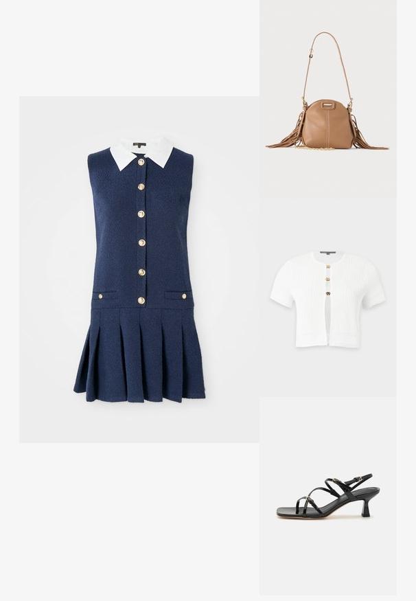 Cardigan blanc à manches courtes en maille côtelée avec trois boutons-pression dorés et motifs tricotés décoratifs sur les manches et l’ourlet.; Robe sans manches bleu marine avec un col blanc, dotée d'une fermeture à boutons, de deux poches latérales et d'un design de jupes plissées. Tissu texturé.; Sandales à strapes en cuir verni noir avec un bout carré et un petit talon carré. Présente des accessoires en métal doré et des brides de cheville réglables.; Petit sac à bandoulière en cuir fauve avec longue bandoulière, détail chaîne dorée et franges des deux côtés sur un fond neutre.