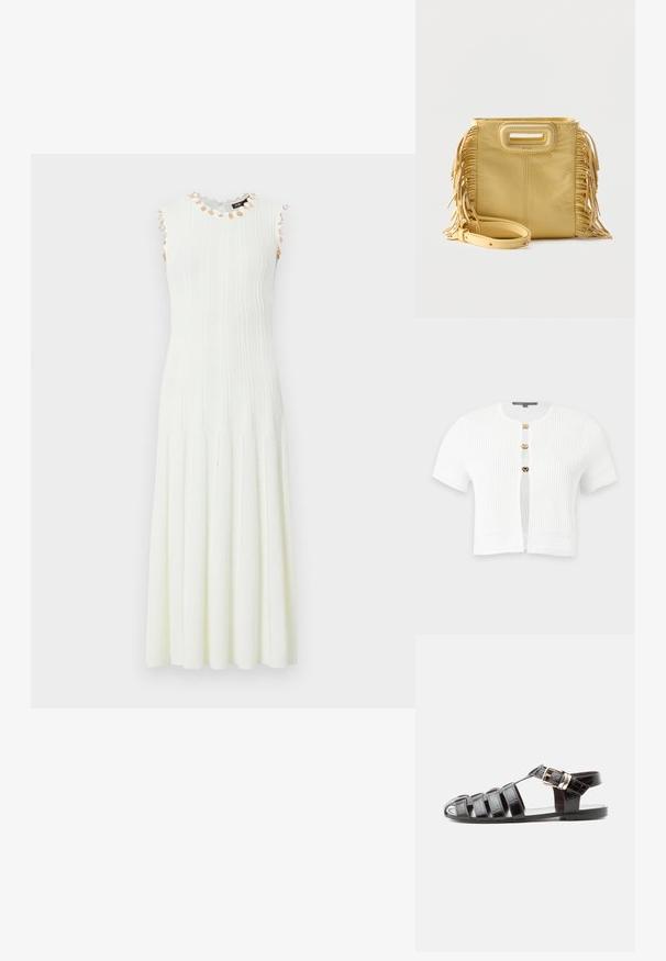 Cardigan blanc à manches courtes en maille côtelée avec trois boutons-pression dorés et motifs tricotés décoratifs sur les manches et l’ourlet.; Robe midi en maille blanche sans manches avec côtes verticales et petites fleurs beige autour de l'encolure et des emmanchures.; Sandale de pêcheur en cuir noir avec bout ouvert, multiples brides et fermeture à boucle dorée sur une semelle plate, vue de profil.; Sac à main en cuir jaune avec détails à franges sur les côtés, poignée découpée rectangulaire et bandoulière amovible placée à l'avant.
