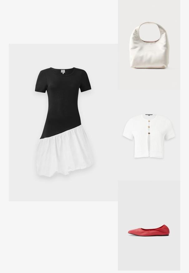 Cárdigan blanco de manga corta acanalado con tres botones dorados de cierre y patrones decorativos de punto en las mangas y el dobladillo.; Vestido en blanco y negro con mangas cortas, parte superior negra ajustada y una falda blanca acampanada. La falda tiene una textura recogida en el dobladillo.; Filippa K REY FLATS - Bailarinas - bright red; Bolso blanco suave con un asa rectangular redondeada y una textura flexible y lisa sobre un fondo claro.