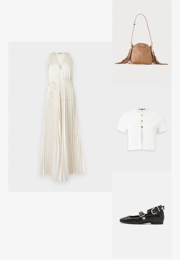 Cardigan blanc à manches courtes en maille côtelée avec trois boutons-pression dorés et motifs tricotés décoratifs sur les manches et l’ourlet.; Robe maxi ivoire sans manches avec col en V, jupe plissée et détail ceinture ajustable à nouer sur le côté.; Ballerine en cuir verni noir avec un bout carré, sangle de cheville avec des détails en métal argenté et semelle plate. Texture lisse avec un design minimaliste.; Petit sac à bandoulière en cuir fauve avec longue bandoulière, détail chaîne dorée et franges des deux côtés sur un fond neutre.