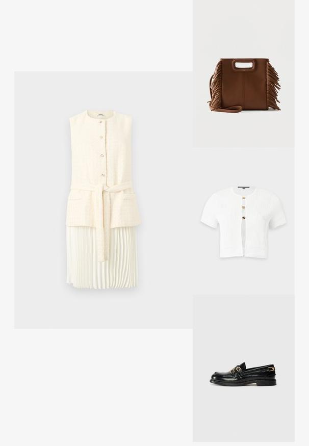 Cardigan blanc à manches courtes en maille côtelée avec trois boutons-pression dorés et motifs tricotés décoratifs sur les manches et l’ourlet.; Veste sans manches texturée crème avec boutons sur le devant, ceinture, deux poches, portée sur une jupe midi plissée blanche, présentée sur un fond blanc.; Mocassins en cuir noir avec une finition brillante, dotés de deux boucles dorées et d'un talon bas. Texture lisse avec un design à bout arrondi.; Sac à main en cuir marron avec poignées découpées rectangulaires, longue bandoulière et détails à franges des deux côtés sur un fond uni.
