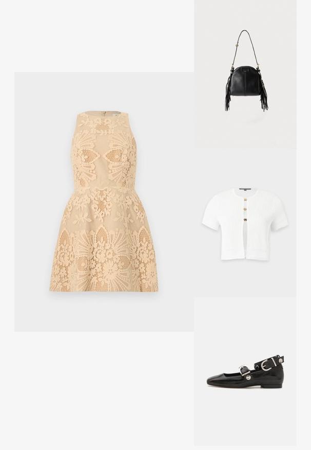 Hvid kortærmet ribstrikket cardigan med tre guldspænder og dekorative strikkede mønstre på ærmer og kant.; Beige ærmeløs kjole med blomsterblondeoverlay, tætsiddende korset og skørt med vidde, med detaljerede udskæringsmønstre over det hele.; Sorte patenteret lædersko med firkantet tå, ankelrem med sølvhardware og flad sål. Glat tekstur med minimalistisk design.; Sort læderhåndtaske med en buet form, lang justerbar rem og frynser på begge sider mod en lys baggrund.