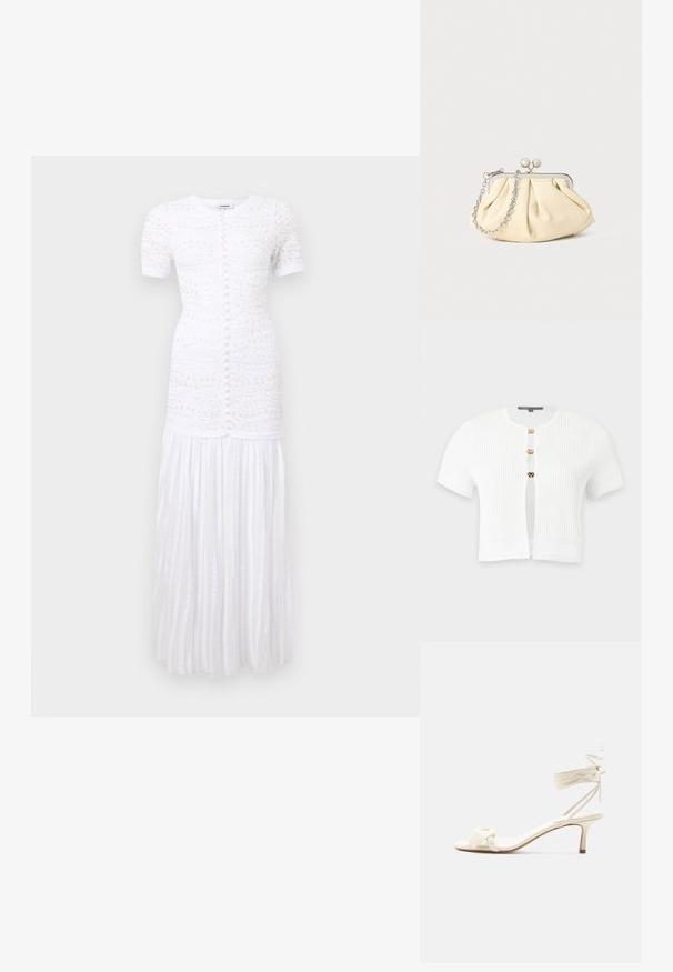Cardigan blanc à manches courtes en maille côtelée avec trois boutons-pression dorés et motifs tricotés décoratifs sur les manches et l’ourlet.; Robe maxi blanche à manches courtes avec fermeture à boutons à l'avant, broderie florale texturée sur le corsage, et détails de jupe plissée.; Sandale à talon bas de couleur crème avec des liens à nouer autour de la cheville et une large bride torsadée sur les orteils, sur un fond blanc uni.; Pochette en cuir beige plissé avec un cadre en métal argenté, dotée de deux fermoirs ronds décoratifs et d'une chaîne en argent.
