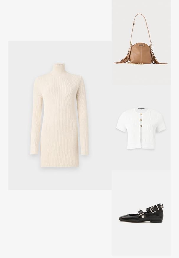 Cardigan blanc à manches courtes en maille côtelée avec trois boutons-pression dorés et motifs tricotés décoratifs sur les manches et l’ourlet.; Robe crème en col roulé en tissu tricoté à côtes. Présente des manches longues et une silhouette ajustée, offrant un aspect lisse et texturé.; Ballerine en cuir verni noir avec un bout carré, sangle de cheville avec des détails en métal argenté et semelle plate. Texture lisse avec un design minimaliste.; Petit sac à bandoulière en cuir fauve avec longue bandoulière, détail chaîne dorée et franges des deux côtés sur un fond neutre.
