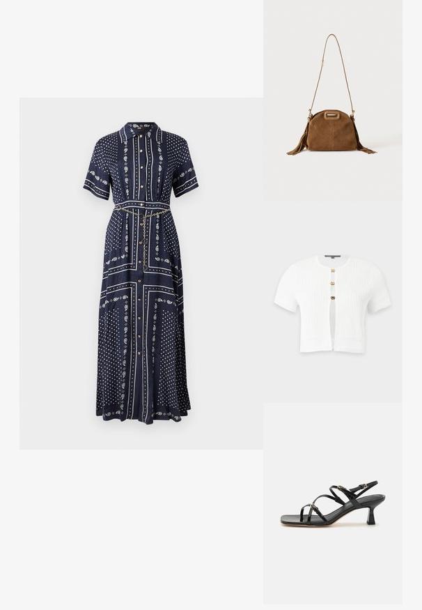 Cardigan blanc à manches courtes en maille côtelée avec trois boutons-pression dorés et motifs tricotés décoratifs sur les manches et l’ourlet.; Robe longue bleu marine à manches courtes, motifs cachemire et points blancs, boutons à l'avant, col, et une fine ceinture chaîne dorée à la taille.; Sandales à strapes en cuir verni noir avec un bout carré et un petit talon carré. Présente des accessoires en métal doré et des brides de cheville réglables.; Sac à épaule en daim marron avec une longue bandoulière, une découpe rectangulaire de la poignée et des détails à pompons sur les côtés sur fond blanc.