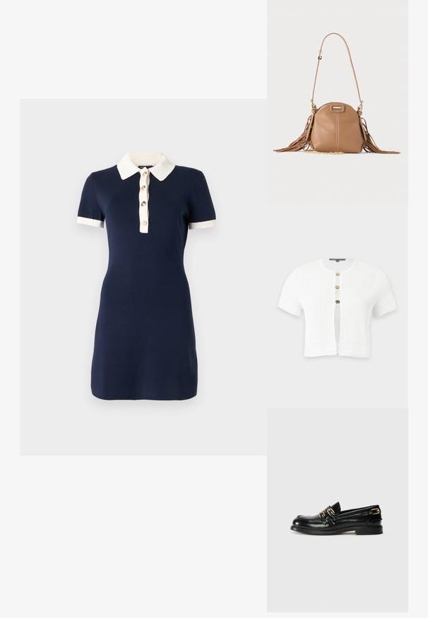 Cardigan blanc à manches courtes en maille côtelée avec trois boutons-pression dorés et motifs tricotés décoratifs sur les manches et l’ourlet.; Robe bleu marine à manches courtes avec col blanc, poignets blancs et une patte de boutonnage frontale avec quatre boutons.; Mocassins en cuir noir avec une finition brillante, dotés de deux boucles dorées et d'un talon bas. Texture lisse avec un design à bout arrondi.; Petit sac à bandoulière en cuir fauve avec longue bandoulière, détail chaîne dorée et franges des deux côtés sur un fond neutre.