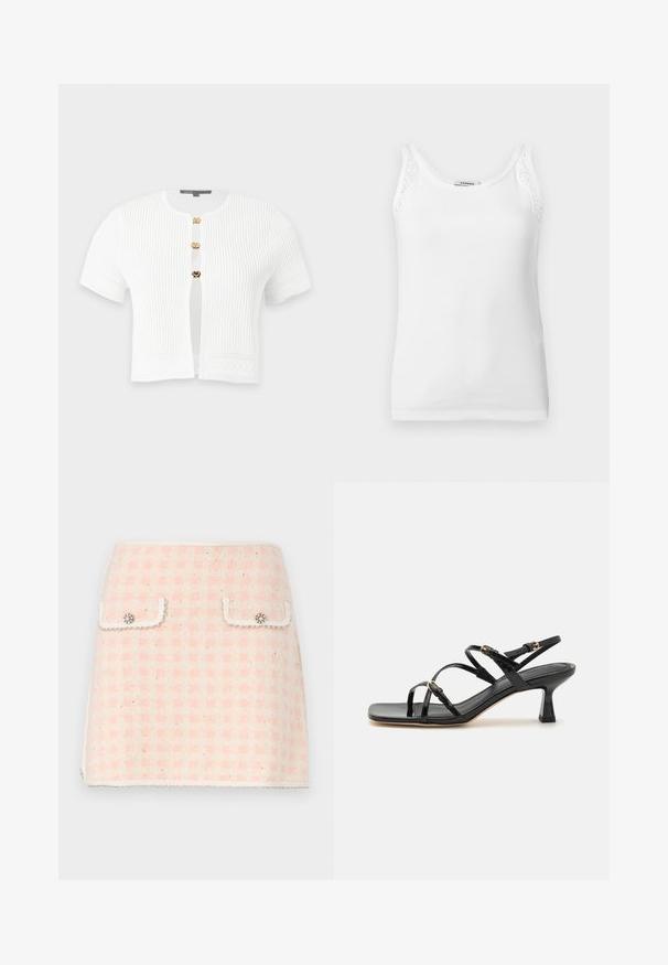 Cárdigan blanco de manga corta acanalado con tres botones dorados de cierre y patrones decorativos de punto en las mangas y el dobladillo.; Camiseta sin mangas blanca con textura acanalada y detalles de encaje en las tiras de los hombros, con un escote redondo.; Minifalda de lana en un patrón de cuadros en rosa y crema, con dos bolsillos delanteros adornados con botones decorativos y un dobladillo con flecos.; Sandalias de charol negro con tiras, punta cuadrada y un bajo tacón en bloque. Presenta herrajes en tono dorado y correas en el tobillo ajustables.