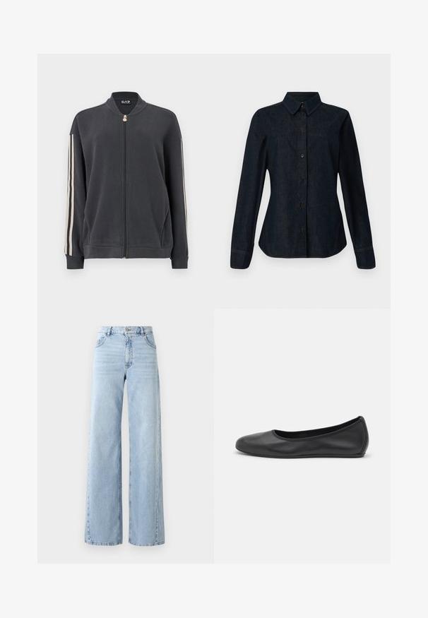 Dunkelgrauer Sweatshirt mit Reißverschluss und Stehkragen, ausgestattet mit weißen Seitenstreifen und gerippten Bündchen. Hergestellt aus weichem Stoff ohne sichtbare Muster.; CLOSED SEAMING SHIRT - Hemdbluse - dark blue; Weite helle blaue Jeans mit hoher Taille, fünf Taschen und ausgewaschenem Look. Verfügt über gesteppte Details und einen geraden Schnitt am Saum.; Schwarze Leder-Ballettschuhe mit abgerundeter Spitze, glatter Textur, minimalen Nähdetails und einem flexiblen Sohlen-Design.
