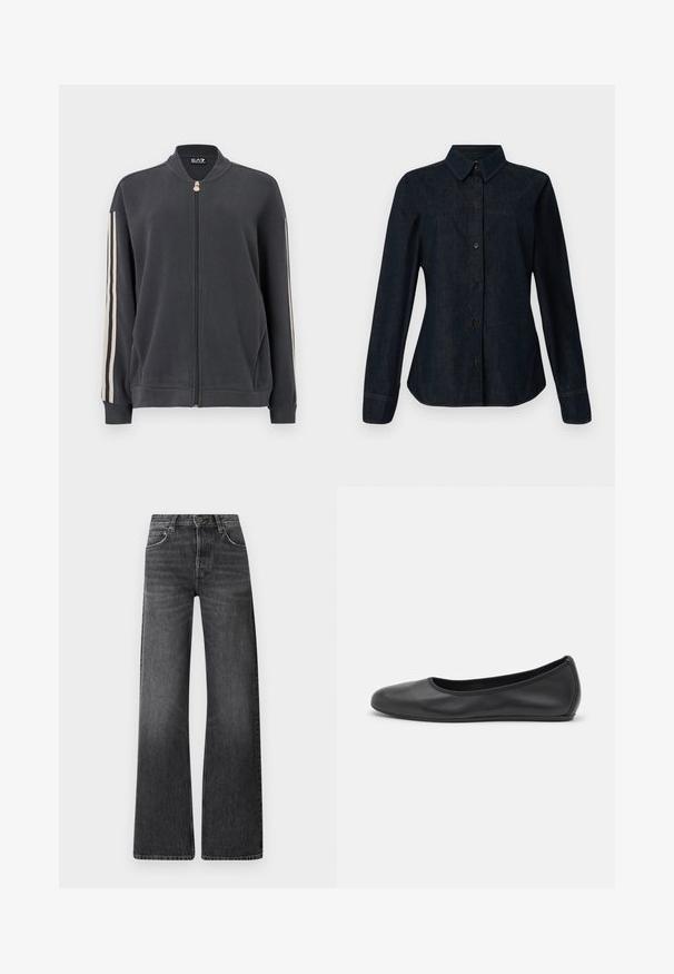 Dunkelgrauer Sweatshirt mit Reißverschluss und Stehkragen, ausgestattet mit weißen Seitenstreifen und gerippten Bündchen. Hergestellt aus weichem Stoff ohne sichtbare Muster.; CLOSED SEAMING SHIRT - Hemdbluse - dark blue; Schwarze Denim-Jeans mit hoher Taille und weitem Bein. Verfügt über fünf Taschen und eine subtile verbleichte Textur mit kontrastierenden Nähten.; Schwarze Leder-Ballettschuhe mit abgerundeter Spitze, glatter Textur, minimalen Nähdetails und einem flexiblen Sohlen-Design.