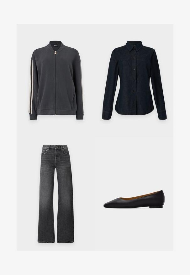 Donkergrijze sweatvest met rits en opstaande kraag, voorzien van witte zijstrepen en geribde manchetten. Gemaakt van zachte stof zonder zichtbare patronen.; CLOSED SEAMING SHIRT - Overhemdblouse - dark blue; Zwarte spijkerbroek van denim met een hoge taille en een wijd uitlopende pasvorm. Bevat vijf zakken en een subtiele vervaagde textuur met contrasterende stiksels.; Zwarte leren puntschoen met lage hak en gladde afwerking, zijaanzicht op een lichtgrijze achtergrond.
