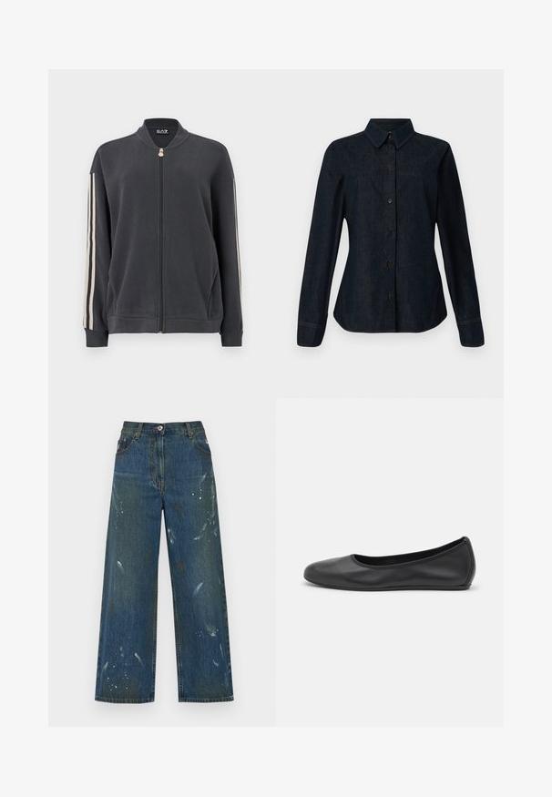 Sweat-shirt gris foncé à zip avec col montant, doté de bandes blanches sur les côtés et de poignets côtelés. Confectionné dans un tissu doux sans motifs apparents.; CLOSED SEAMING SHIRT - Chemisier - dark blue; Jeans à jambe large en denim bleu foncé, avec des détails de éclaboussures de peinture. Design classique à cinq poches avec une fermeture à bouton à la taille.; Ballerines en cuir noir avec un bout rond, texture lisse, détails de couture minimalistes et design de semelle flexible.