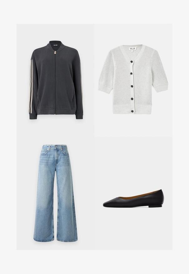 Sudadera gris oscuro con cremallera y cuello alto, con franjas blancas en los laterales y puños acanalados. Confeccionada en tela suave sin patrones visibles.; Cardigan de punto gris con escote en V, mangas tres cuartos, tejido texturizado y botones florales negros en la parte delantera.; Jeans de mezclilla anchos de color azul claro con una cintura alta, que cuentan con cuatro bolsillos, un cierre de botón y un ligero desgaste en la tela.; Zapato plano de punta puntiaguda de cuero negro con tacón bajo y acabado liso, mostrado de perfil sobre un fondo gris claro.