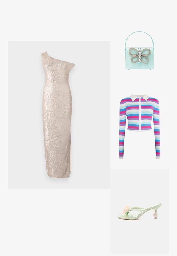 Stribet cropped sweater i ribbet stof, med farverne pink, lilla, blå og hvid. Den har en hvid krave og en central lynlås.; Knælang, one-shoulder kjole i lys beige med en tætsiddende silhuet, der har en paillet-tekstur og et strømlinet, lige design.; Lysegrøn åben tå sandal med hæl, dobbelte stropper, gennemsigtig ferskenblomsterdekoration og perleformet stablerhælkappe.; Mintgrøn satin håndtaske med et sommerfugl-motiv, udsmykket med klare perler. Har et rundt håndtag og metalfødder for stabilitet.