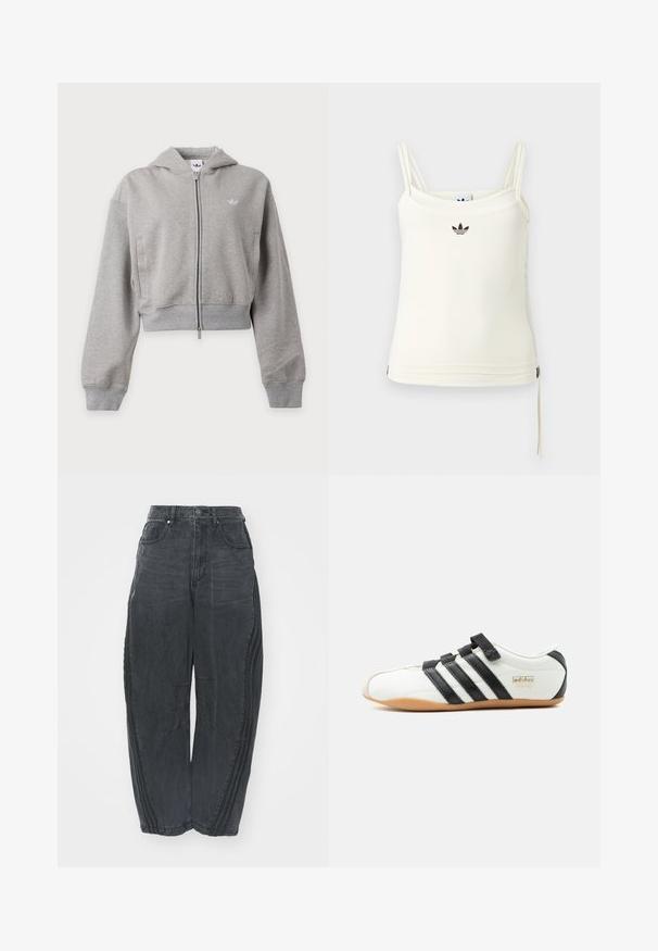 Hellgrauer gekürzter Hoodie mit durchgehendem Frontreißverschluss, langen Ärmeln, Seitentaschen, gerippten Bündchen und kleinem Logo auf der Brust.; Cremefarbenes Tanktop mit dünnen Trägern; Adidas-Logo in Schwarz auf der Brust. Glatter Stoff mit Kordelzug-Detail am Saum. Einfaches Design.; Lockere schwarze Denim-Jeans mit einem verblassten Finish, fünf Taschen, einem Knopfverschluss an der Taille und gestickten Details an der Vorderseite und den Seiten.; Weißer Adidas-Tokyo-Sneaker mit schwarzen Streifen, schwarzen Klettverschlüssen und Gummisohle, seitlich auf weißem Hintergrund dargestellt.