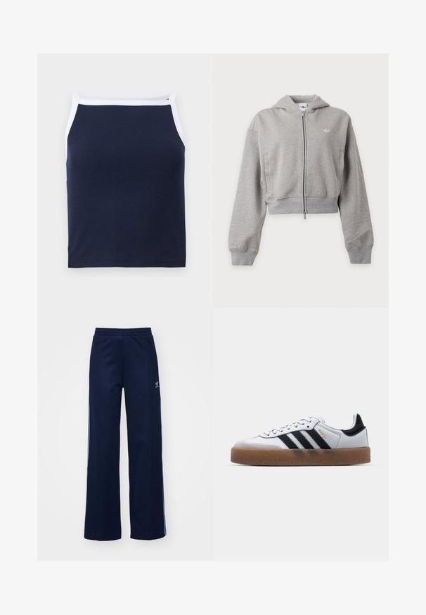 Sweat à capuche court gris clair avec fermeture éclair intégrale à l’avant, manches longues, poches latérales, poignets côtelés et petit logo sur la poitrine.; Débardeur à côtes bleu marine avec bord blanc, doté d'un col rond et de bretelles fines. Fabriqué en mélange de coton doux pour le confort.; Pantalons de survêtement en mélange de coton bleu marine avec un design à jambes larges, taille élastique et poches zippées, présentant des bandes latérales blanches et un détail de logo.; Baskets en cuir blanc avec des rayures noires, semelle extérieure en caoutchouc beige, bout rond, fermeture lacée et embout en suède gris doux.