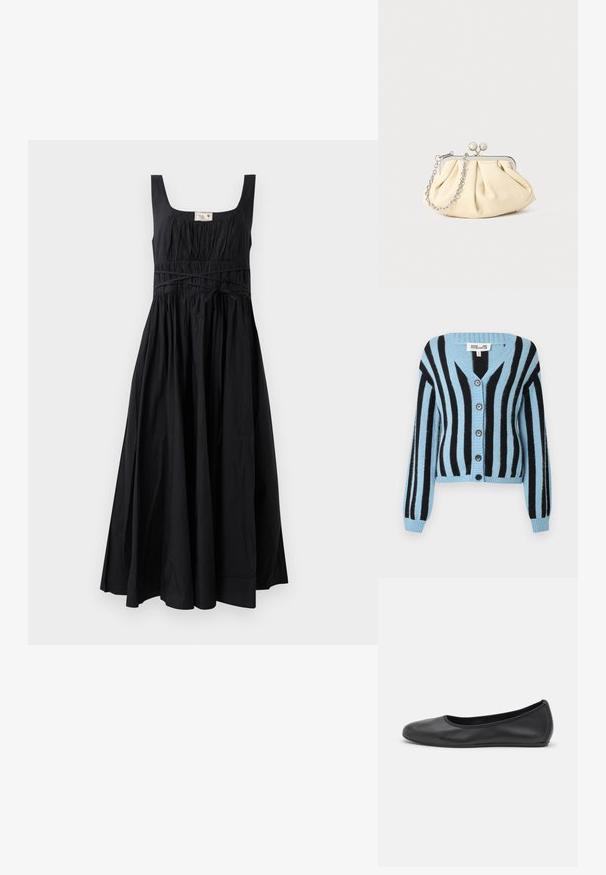 Blå og sort stribet cardigan med V-hals, lange ærmer, seks runde knapper og ribbede manchetter og kant. Fremstillet i blødt materiale.; Sort, ærmeløs kjole med firkantet udskæring, samlet bodice og en let skørt. Har en snoretræk i taljen og blødt bomuldsstof.; Sort læderballetsko med rund tå, glat tekstur, minimal syning og et fleksibelt såldesign.; Plisseret beige læderclutch med en sølvmetalramme, der har to runde dekorative låse og en sølvkædetrasporte.