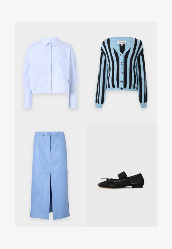 Blauw-zwart gestreepte cardigan met een V-hals, lange mouwen, zes ronde knopen en geribbelde boorden en zoom. Gemaakt van zacht materiaal.; Korte button-up shirt in lichtblauw met witte verticale strepen, het heeft een spread collar en een borstzak. Zachte stoffen textuur.; Lichtblauwe midi leren rok met een voorste split, knoopsluiting en riemlussen, afgebeeld op een effen achtergrond.; Zwarte platte schoen met een spitse neus, gemaakt van gestructureerde stof, met een strikaccent en een kleine, ronde hak. Elastische strap bij de enkel.