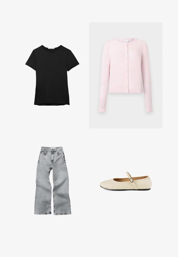 Lyserød cardigan lavet af struktureret strikstof, med rund halsudskæring, lange ærmer og hvide knapper fortil.; Sort kortærmet t-shirt lavet af glat stof. Har en rund halsudskæring og en afslappet pasform med en lige kant.; Lysegrå denim bredbenede jeans med høj talje, fem lommer og synlige sømme. Stoffet har en tekstureret overflade og lige skæring.; Beige læder Mary Jane sko med spidst tå, flad sål og et enkelt justerbart rem med en metal spænde. Glat tekstur.