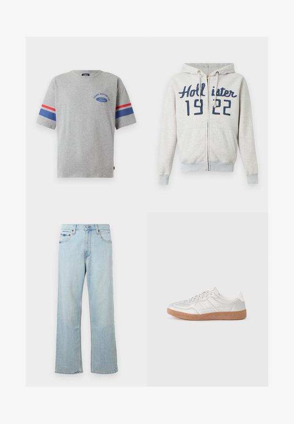 Lichtgrijze hoodie met rits met de tekst "Hollister 1922" in donkerblauw, zakken aan de voorkant, een capuchon met trekkoord en geribde boorden en zoom.; Grijze katoenen T-shirt met korte mouwen, met blauwe en rode strepen op de mouwen en het "Ford Motor Co" logo in het blauw op de borst.; Lichtblauwe denim jeans met een losse, wijde pasvorm. Bevat vijf zakken, riemlussen en een ritssluiting met een knoopsluiting.; Zilveren sneakers met een gladde textuur, vetersluiting, geperforeerde accenten en een gestructureerde bruine rubberen zool.