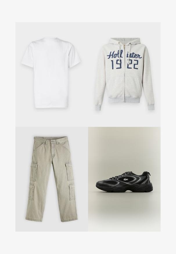 Vaaleanharmaa vetoketjullinen huppari, jossa on tummansininen teksti "Hollister 1922", etutaskut, kiristysnauhallinen huppu sekä resorit hihansuissa ja helmassa.; Valkoinen puuvillainen t-paita, lyhyet hihat, pyöreä kaula-aukko, yksinkertainen muotoilu, sileä kangas, standardi suora leikkaus.; Vaaleanharmaat puuvillaiset cargo-housut. Niissä on useita sivutaskuja, suorat lahkeet ja kontrastiväriset tikkaukset. Edessä vetoketju ja napillinen sulku.; Musta ja harmaa urheilujalkine, jossa on verkkopaneelit, nauhakiristys, paksu pohja ja pieni krokodililogo sivulla.